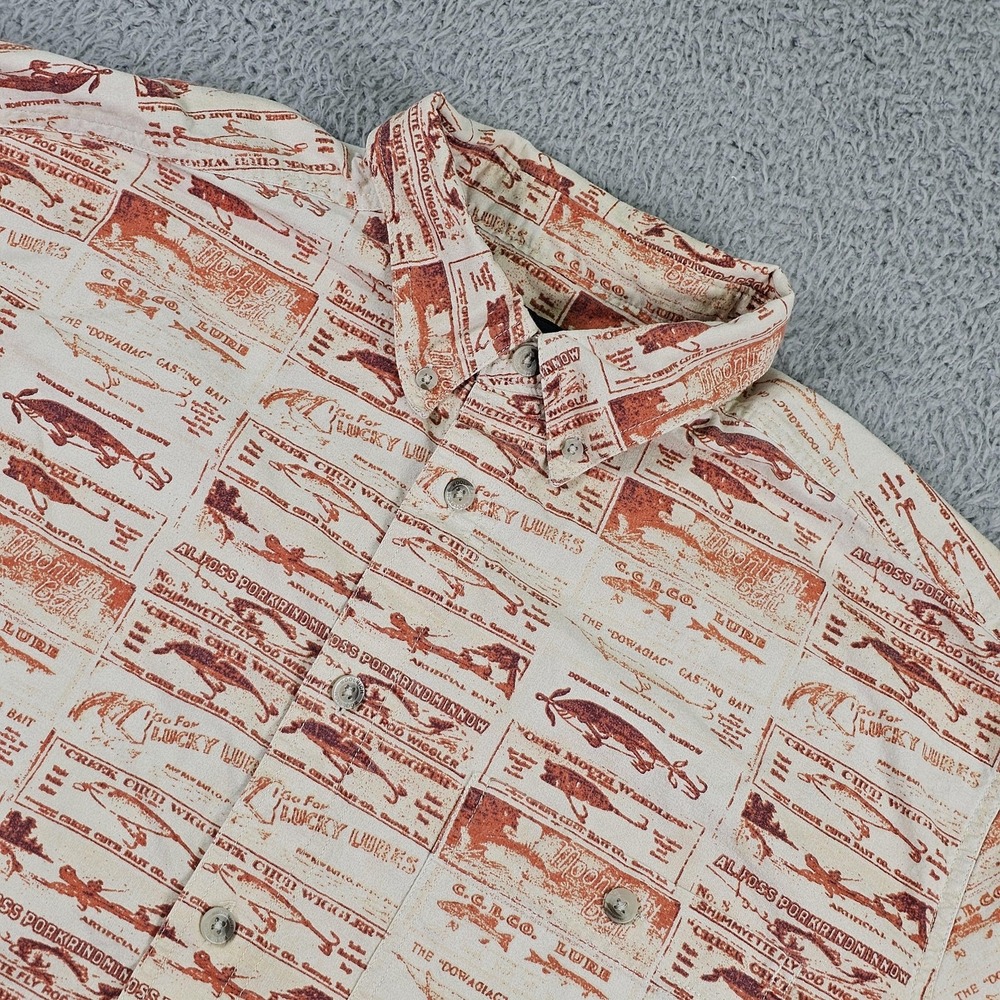 Woolrich Shirt Mens Large Beige Fishing Lure Print Short‎ Sleeve Button Down
